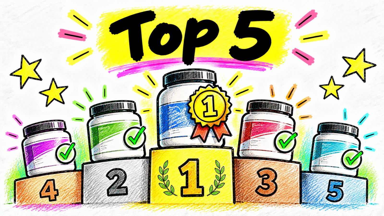 Hand-drawn doodle comparing the top 5 creatine supplements for women with highlighter checkmarks