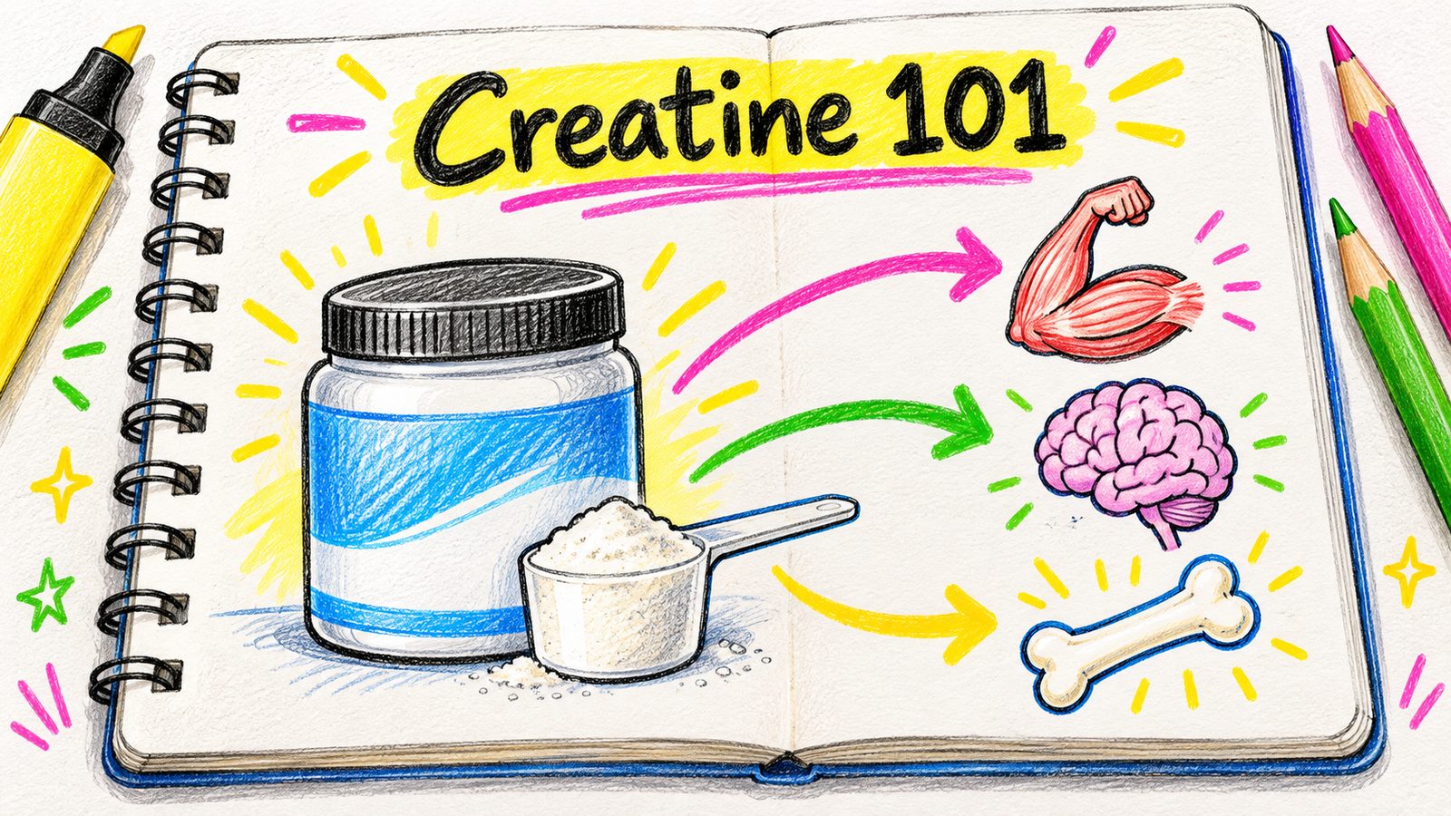 Hand-drawn study notes titled Creatine 101 showing a creatine tub and scoop with arrows to muscle, brain, and bone