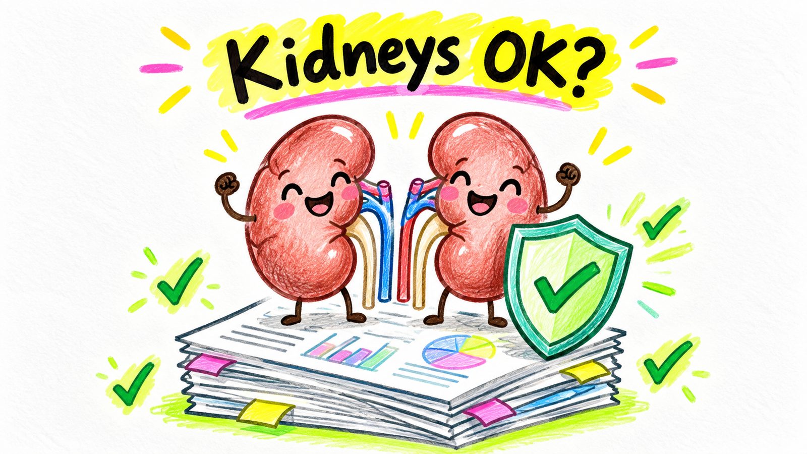 Hand-drawn kidney doodle explaining creatine kidney safety evidence