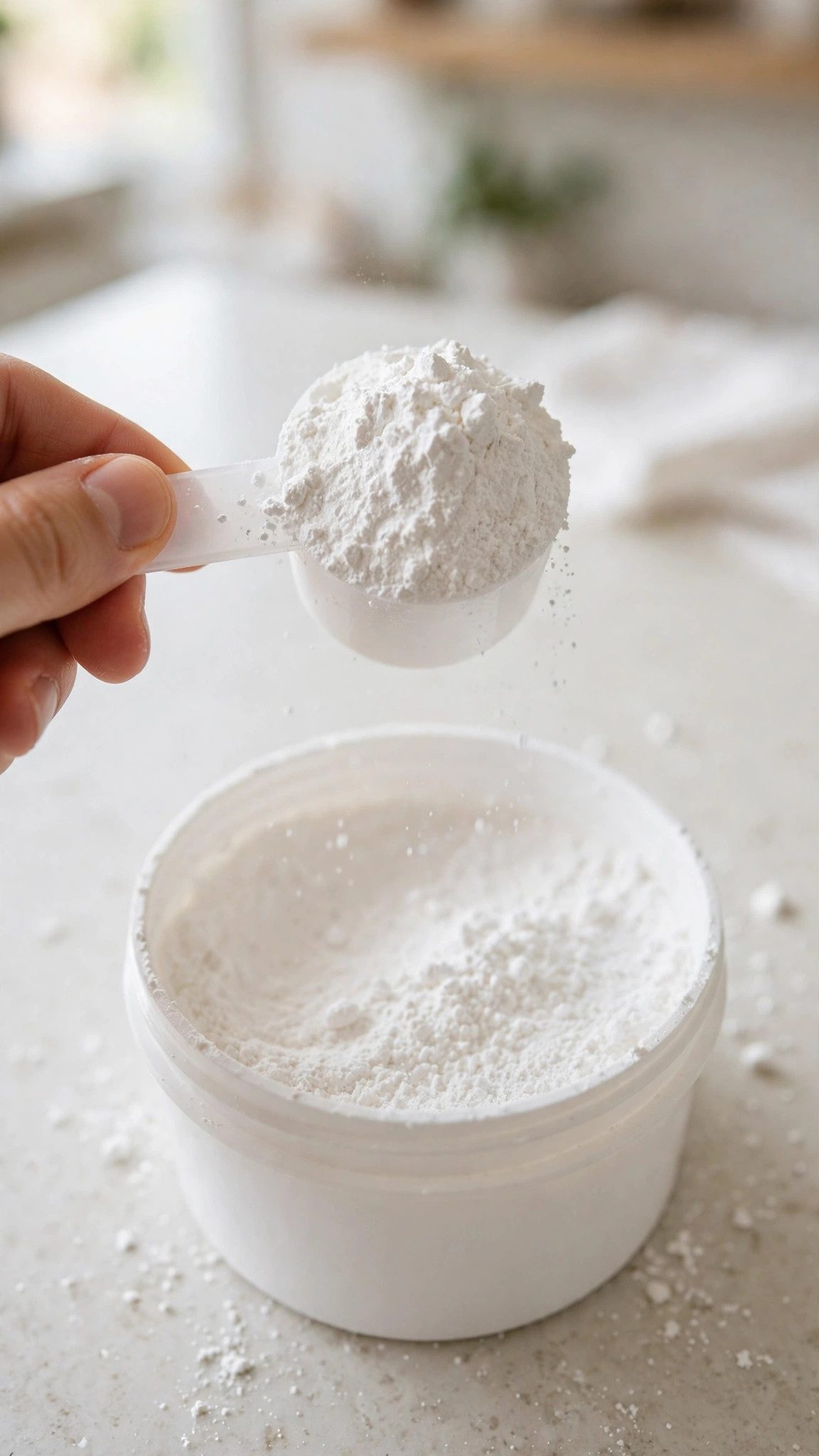 Hand holding a scoop of white creatine monohydrate powder over an open tub, illustrating daily long-term creatine use
