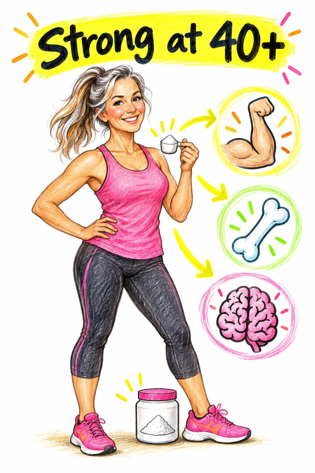 Hand-drawn tall illustration of a strong woman over 40 with creatine, headline Strong at 40+