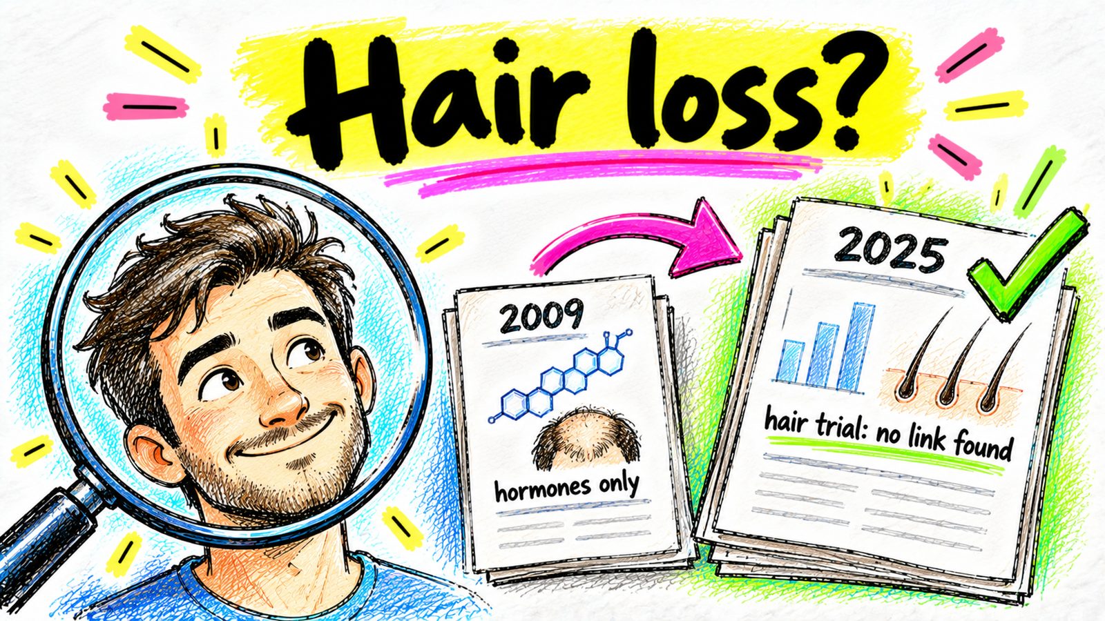 Hand-drawn doodle examining the creatine and hair loss study evidence