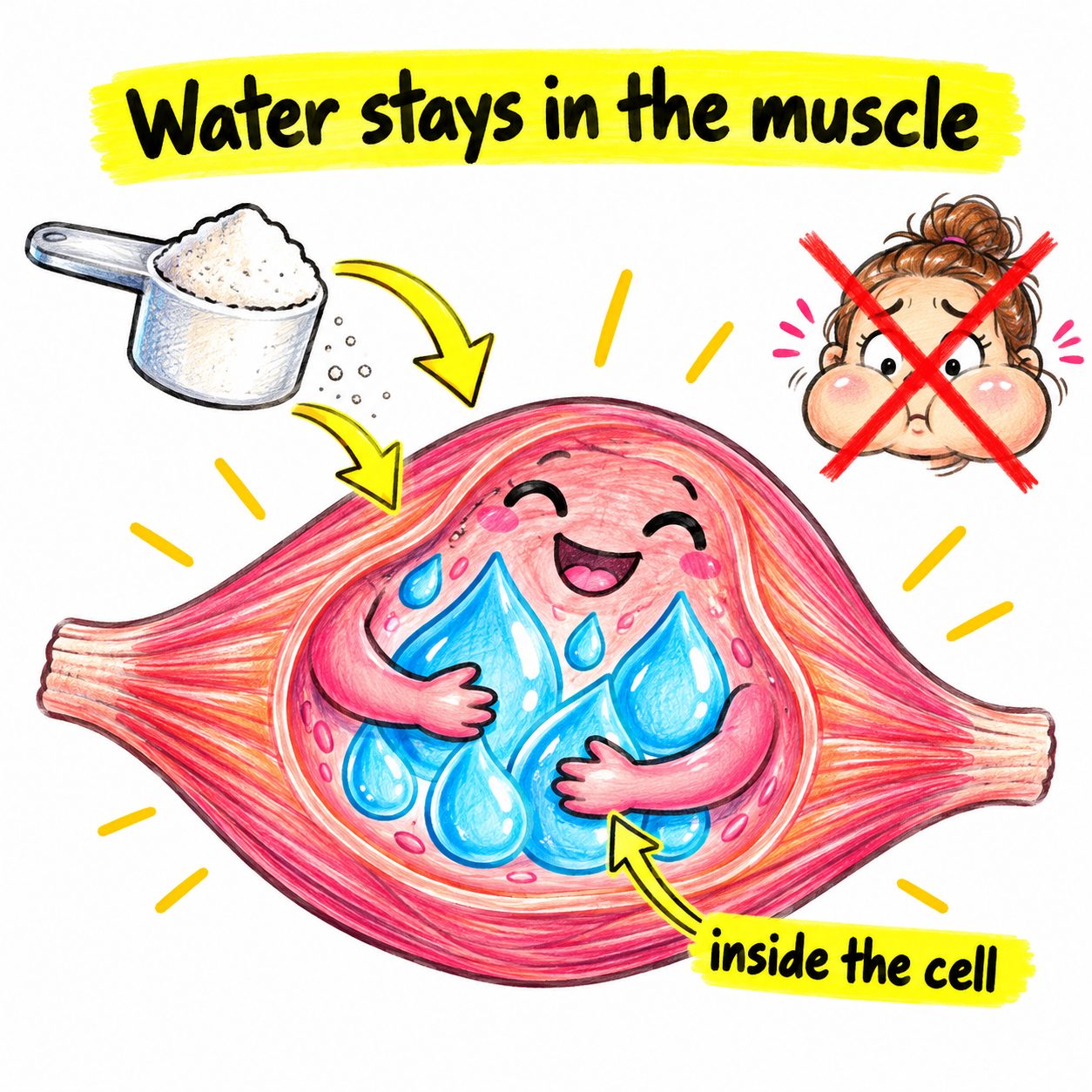 Hand-drawn myth-busting doodle showing creatine water going inside the muscle cell, not the face