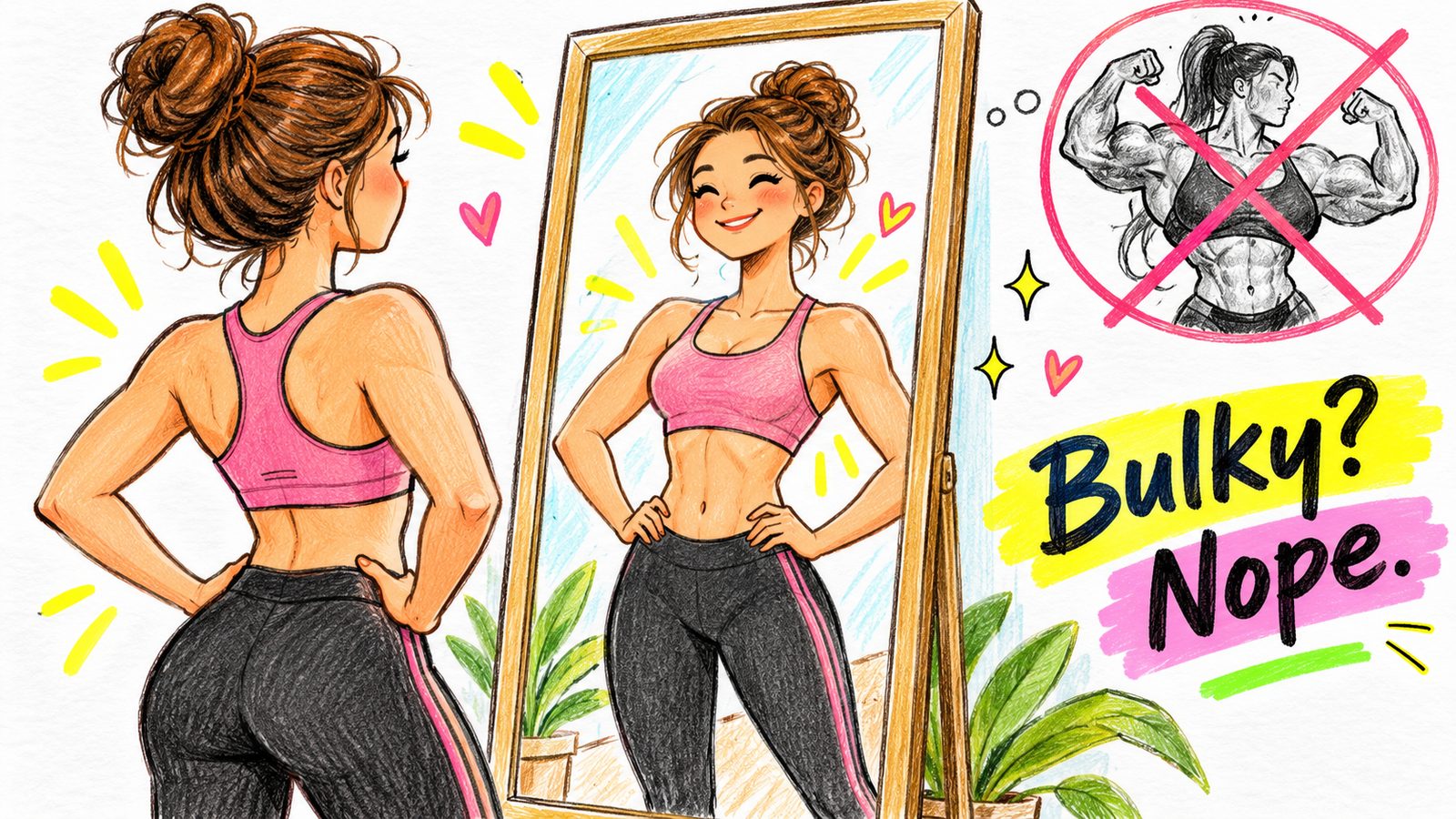 Hand-drawn doodle answering whether creatine makes women bulky