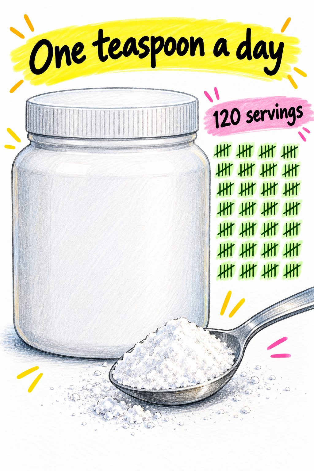 Hand-drawn teaspoon measuring 5g of creatine beside a 120-serving tub