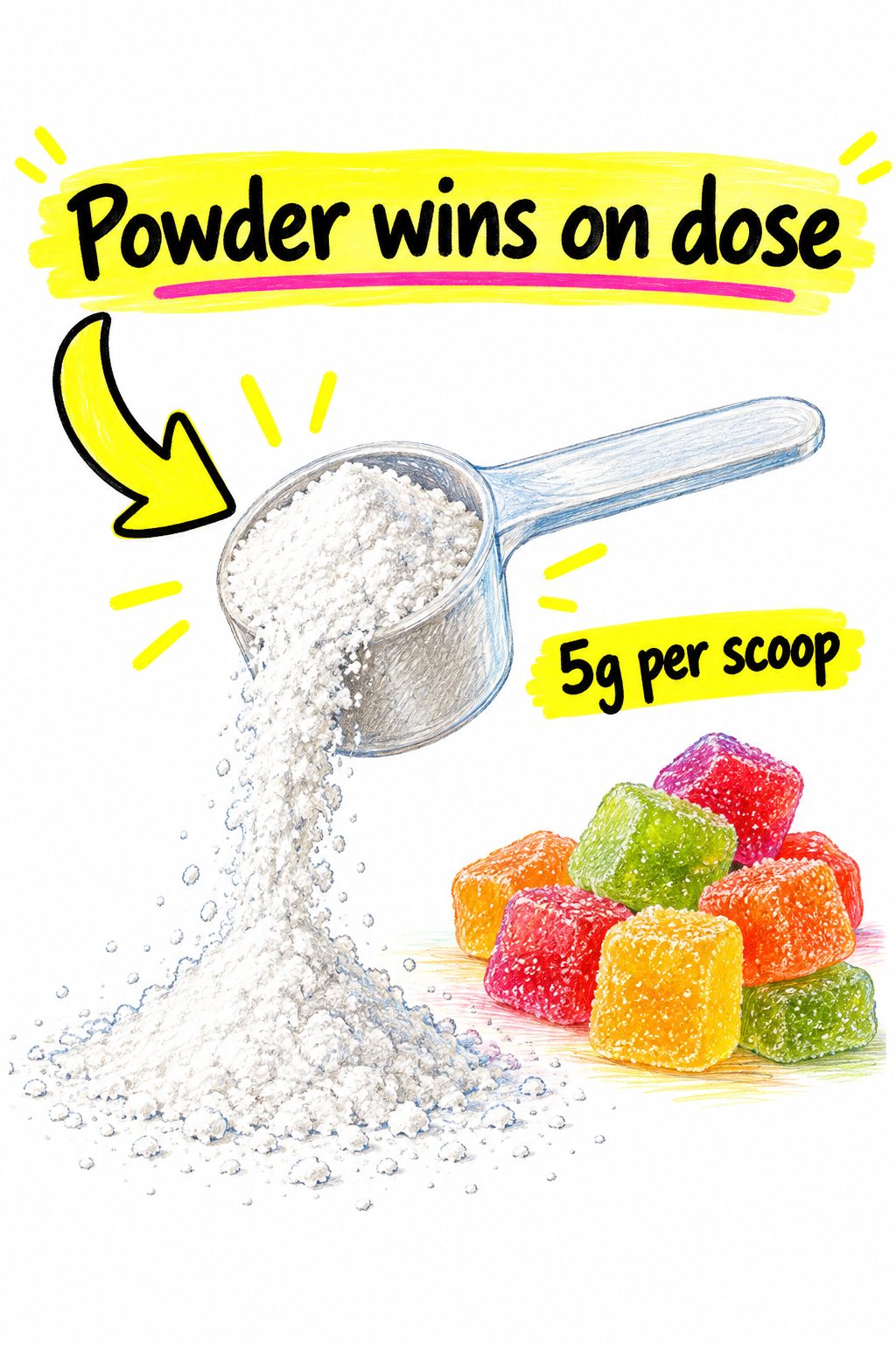 Hand-drawn comparison of a creatine powder scoop versus gummies showing powder wins on dose