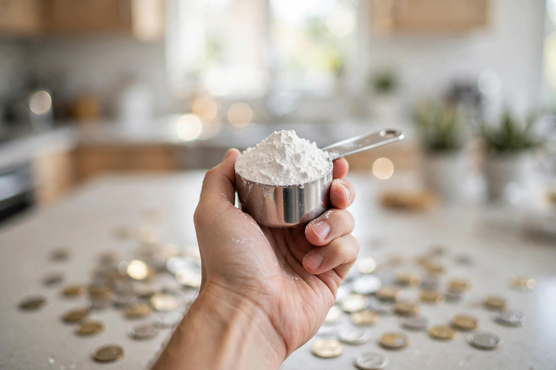 Hand holding a scoop of white creatine powder with coins on the counter showing the value