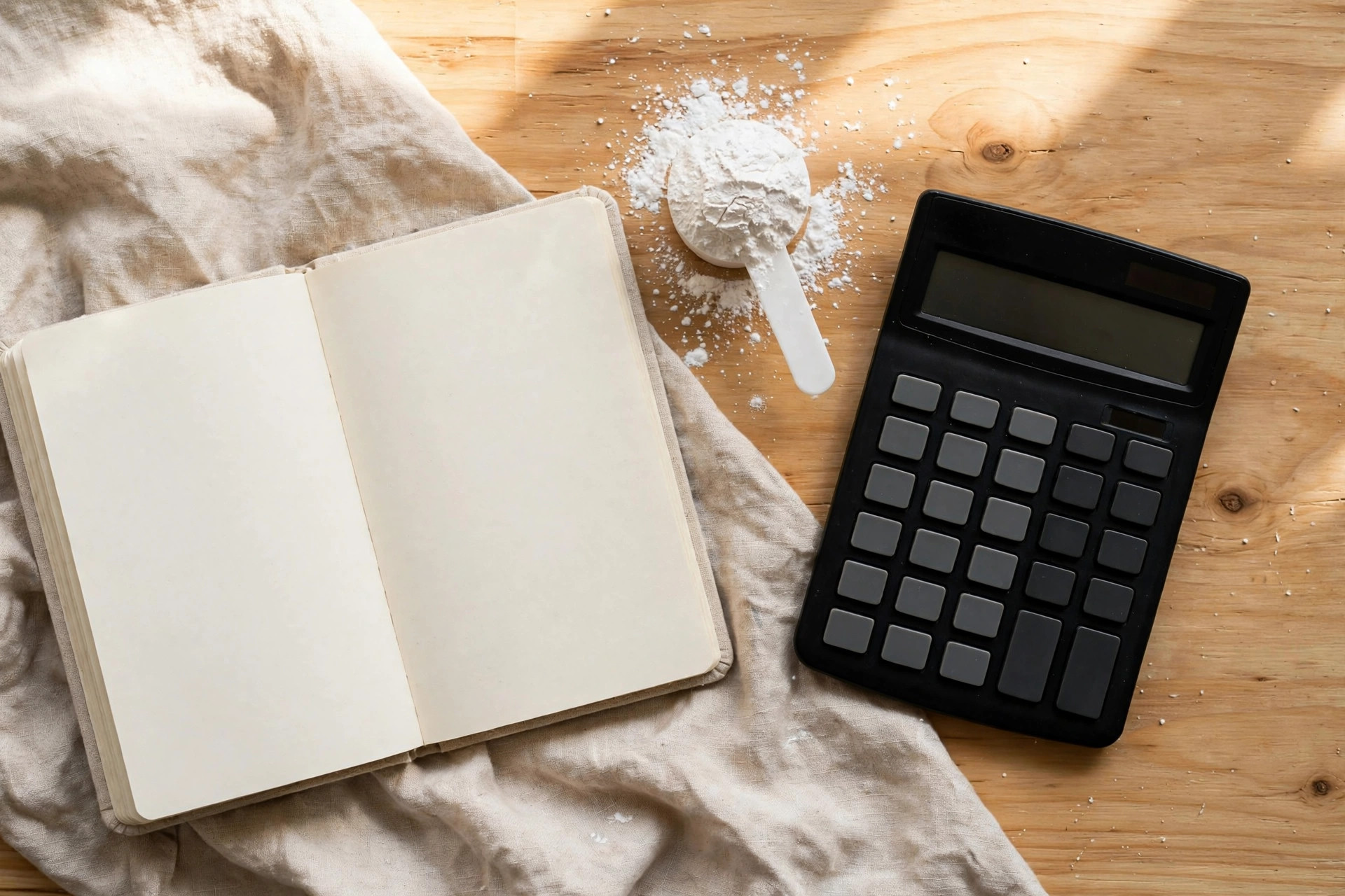 Scoop of white creatine powder beside a calculator and notebook, working out the cost per serving