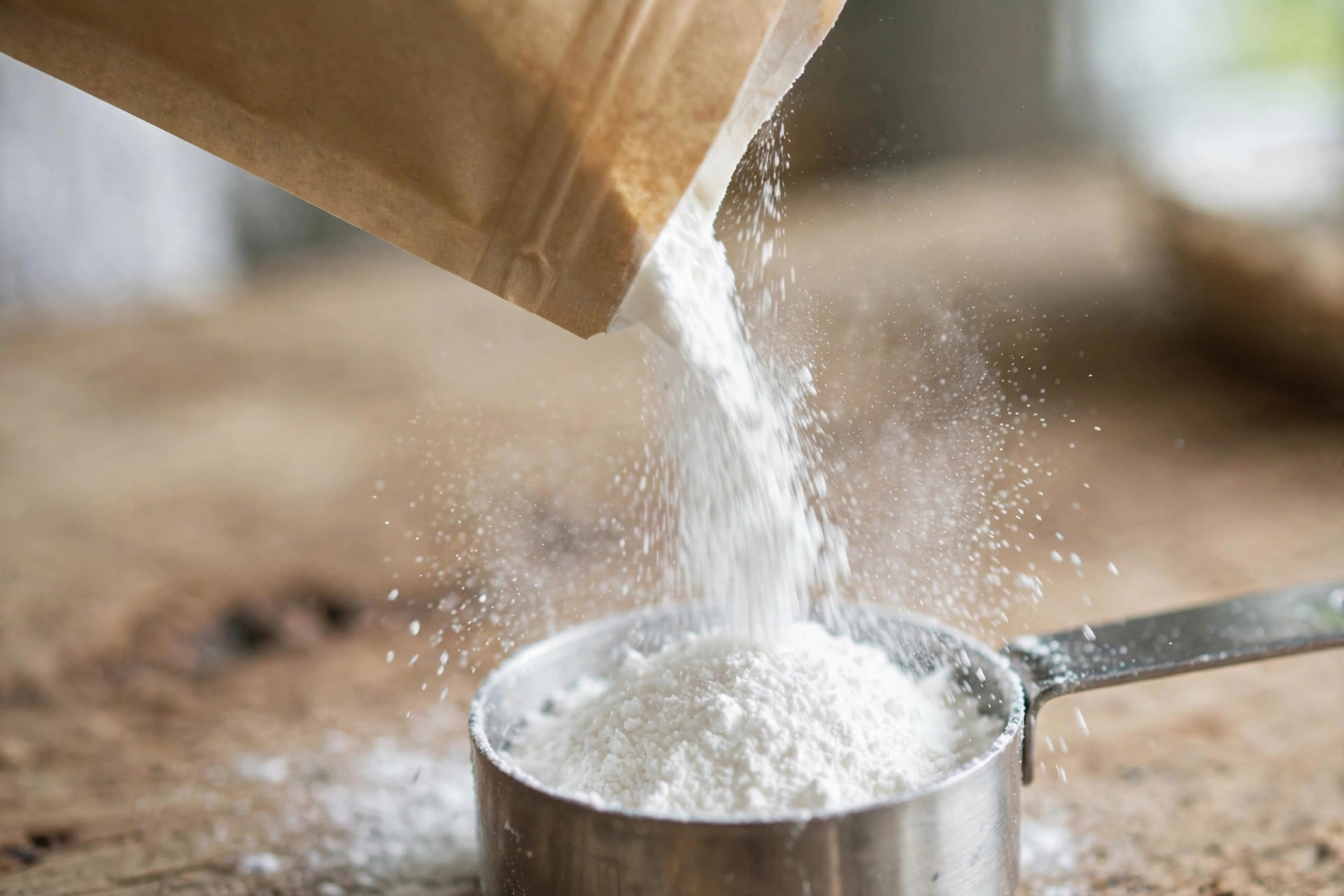 White creatine powder pouring from a plain pouch into a metal scoop