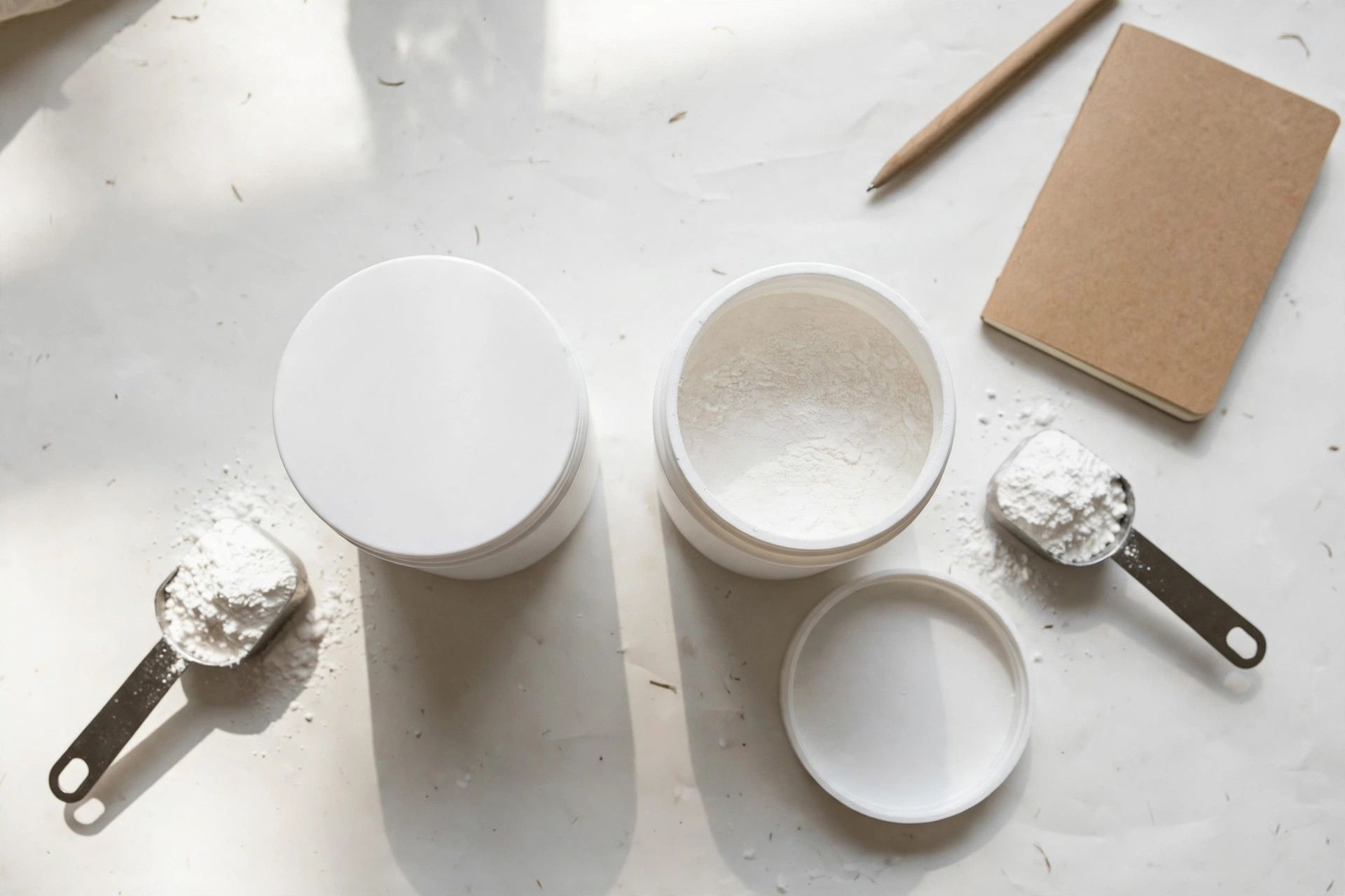 Overhead view of two supplement tubs with scoops of white powder and a notebook, comparing products side by side