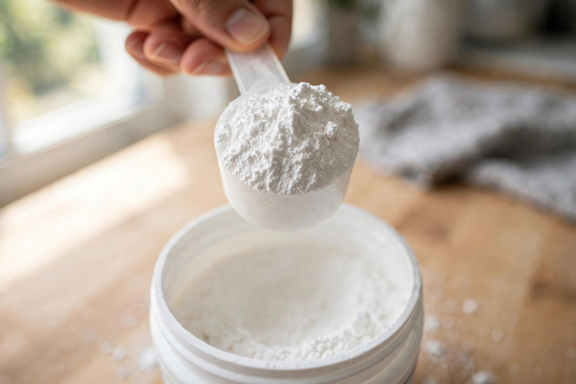 Hand holding a scoop of white creatine powder over an open tub on a kitchen counter