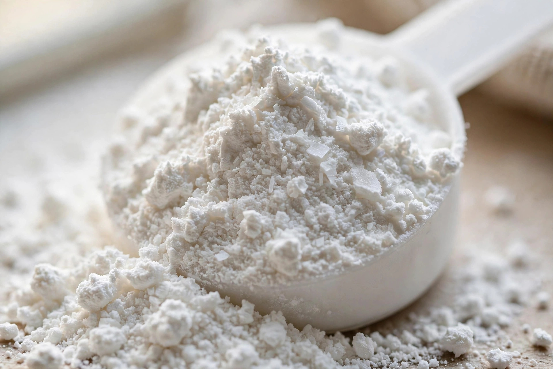 Close-up of fine white creatine monohydrate powder in a scoop showing the crystalline texture