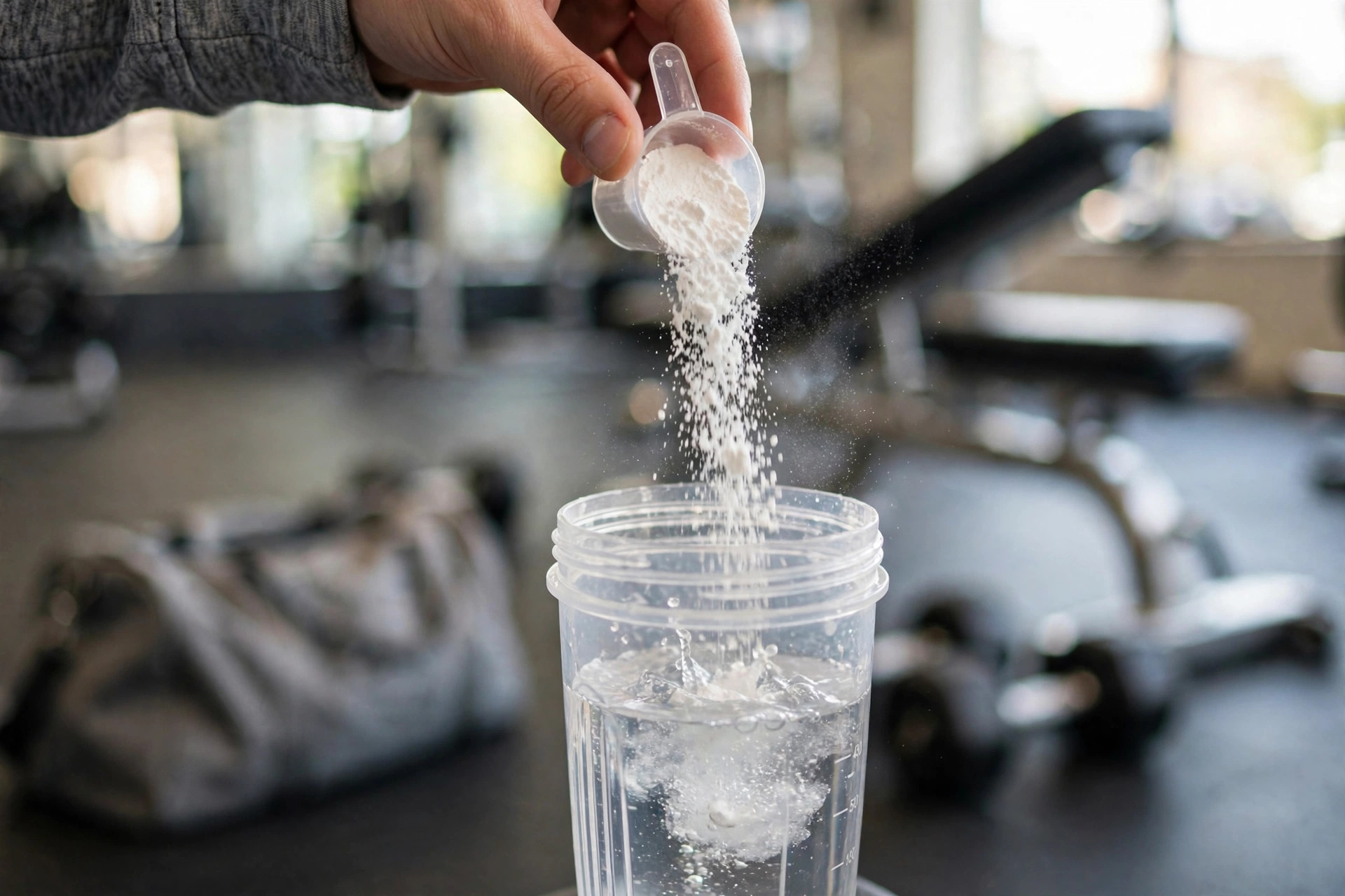 Pouring a scoop of white creatine powder into a shaker bottle with water at the gym