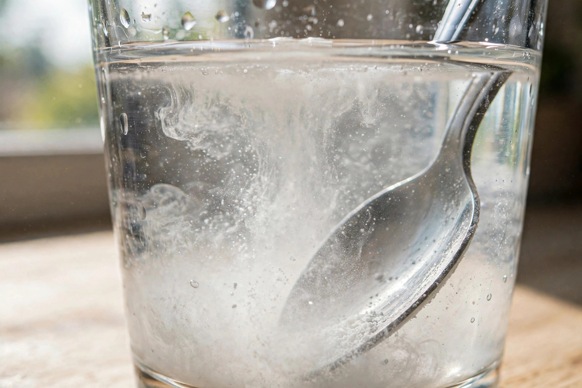 White creatine powder dissolving in a glass of water with a spoon
